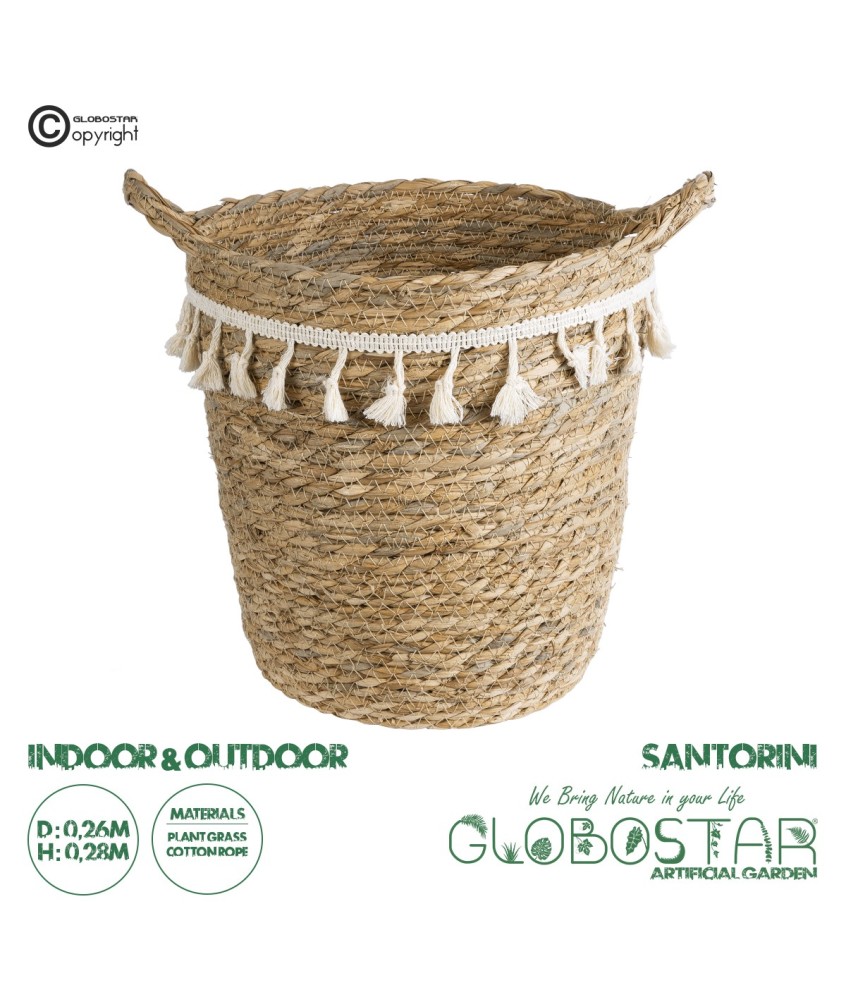 GloboStar® Artificial Garden SANTORINI 20573 Διακοσμητικό Πλεκτό Κασπώ Γλάστρα - Flower Pot Μπεζ με Λευκό Φ26 x Υ28cm